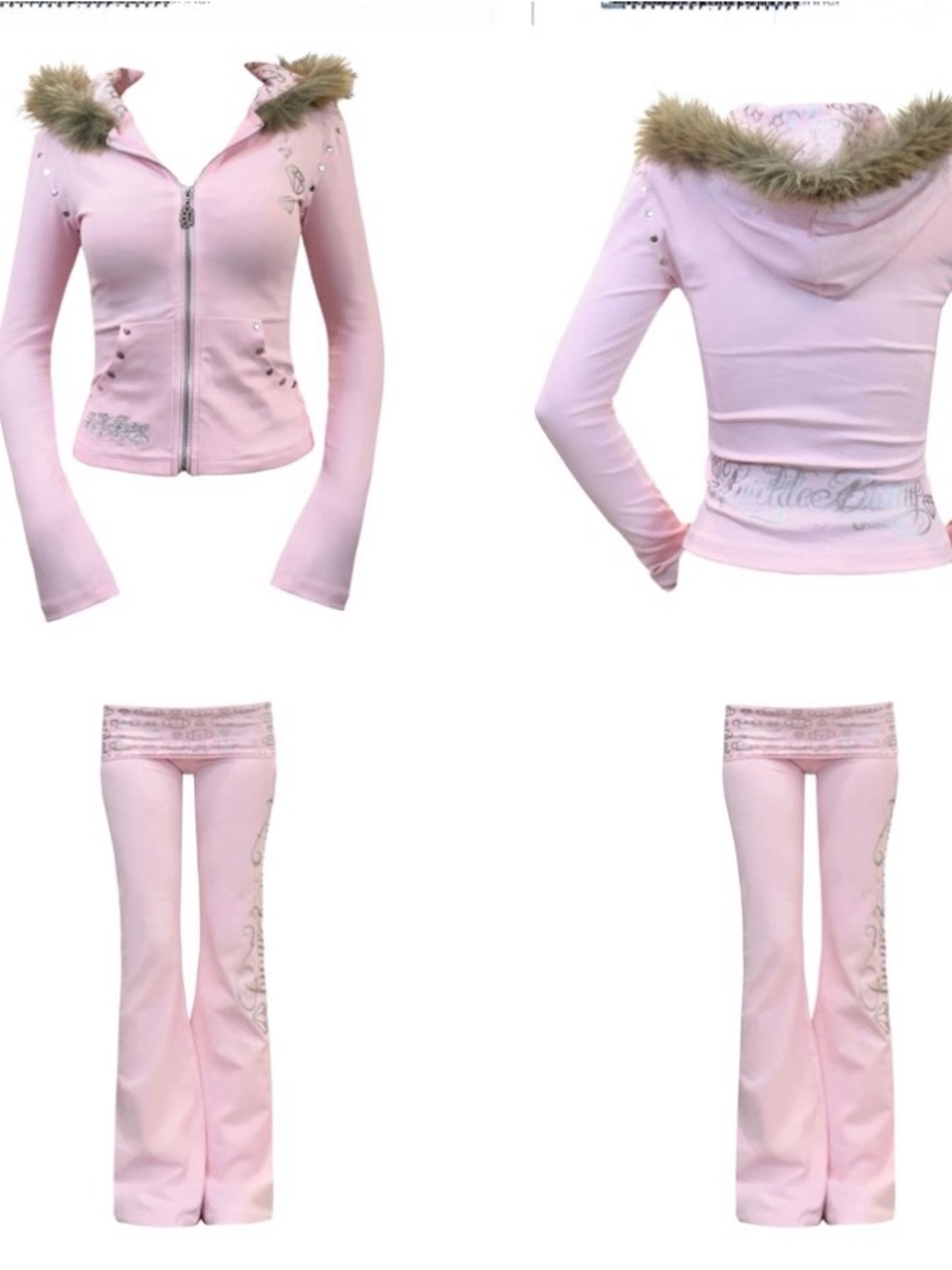 Buckle Bunny Pink Faux-Fur Hooded Zip Jacket and pants set SZ L